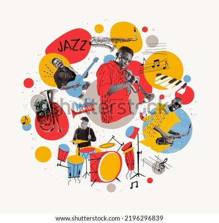 Music band. Concept of festival, creativity, inspiration, imagination, ad. Musicians with music instruments on bright abstract background. Concept of music, creativity, inspiration, ad. Contemporary