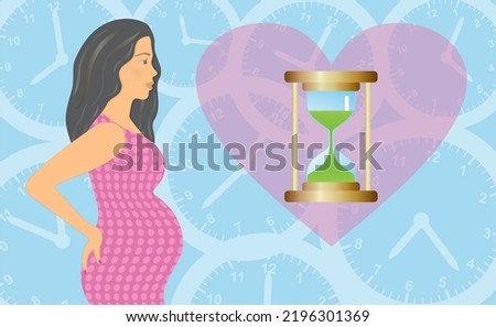 Pregnant woman in profile, clocks and hourglass in background. Vector illustration.