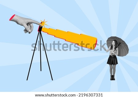 Composite collage image of big hand professional photographer camera shooting tiny lady model hold umbrella isolated painting background