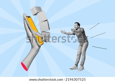 Photo cartoon comics sketch picture of happy excited man stretching hands receive online order delivery big hand hold smart phone boxes Royalty-Free Stock Photo #2196307525