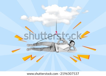 Collage photo of chilling dangerous guy air clouds lying down carefree smiling crane saving him isolated on blue color background