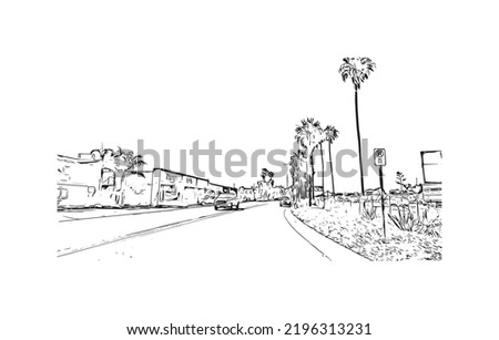 Building view with landmark of Oceanside is a coastal city in California. Hand drawn sketch illustration in vector.