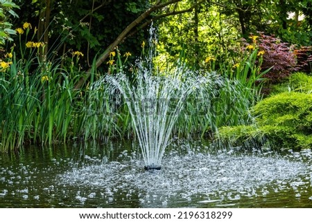 Beautiful cascading fountain in magical garden pond. Bolted irises bloom with yellow flowers along shore. Sun is reflected in mirror-clear water. Atmosphere of relaxation, tranquility and happiness.
