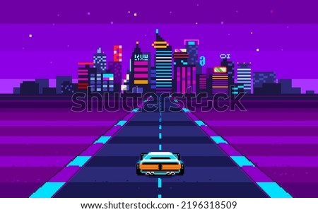 Retro 8-bit game Race Arcade in Pixel Cyberpunk style.
Pixel synthwave graphics with night city background and futuristic car on the road. Pixel art vector illustration  Royalty-Free Stock Photo #2196318509