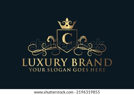 letter Initial C elegant luxury monogram logo or badge template with scrolls and royal crown, perfect for luxurious branding projects
