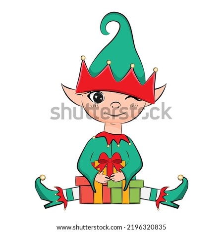 Cute little Santa helpers. Christmas elf. Vector illustration.