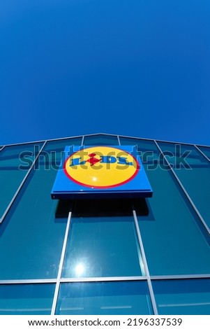 Pontevedra, Spain; 30th July 2022. Lidl supermarket sign in a new shop in Spain, no people shown
