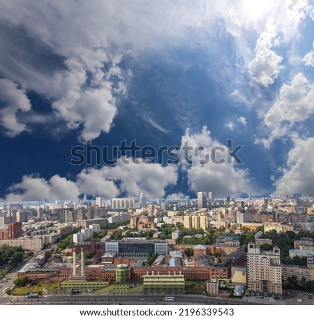 Aerial view of center of Moscow against the background of the sky with clouds, Russia  