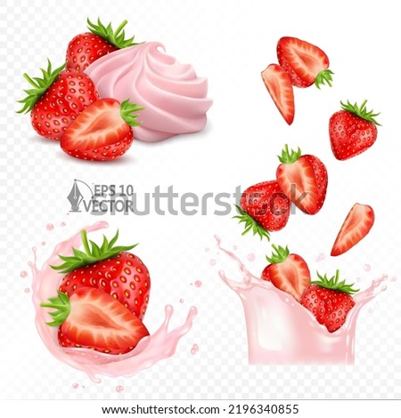 Set of ripe and juicy strawberries. Splashes of milk and drops from falling fresh red berries. Strawberry dessert with whipped cream. 3d realistic vector illustration Royalty-Free Stock Photo #2196340855