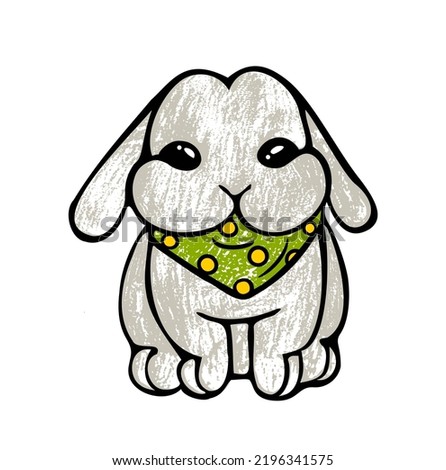 Cute bunny.Abstract cartoon grey rabbit drawing illustration.Green yellow bandanna polka dots neckerchief around his neck with crayons strokes texture.Sticker.T shirt print.Coloring page.Easter hare.
