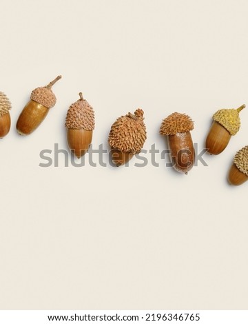 Acorns pattern from painted golden color on beige background. Autumn time minimal concept. Fall harvest season, autumnal natural materials. Trend top view flat lay, aesthetics fall image, copy space
