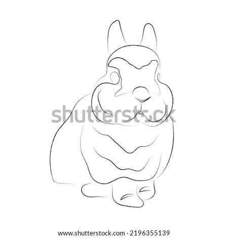 Cute little rabbit, bunny, black and white line art, one line art