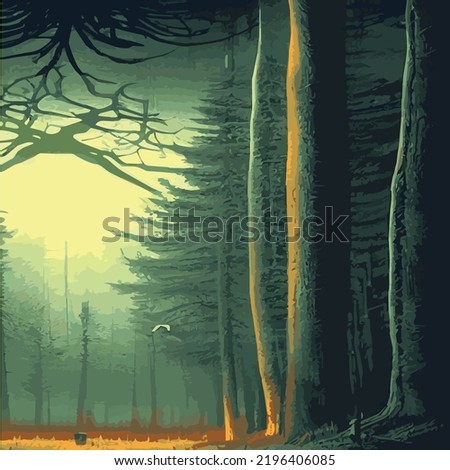 mysterious forest. Background landscape at night twilight foggy forest. Cartoon colored illustration of taiga dark coniferous forest forests. enchanted forest at night.