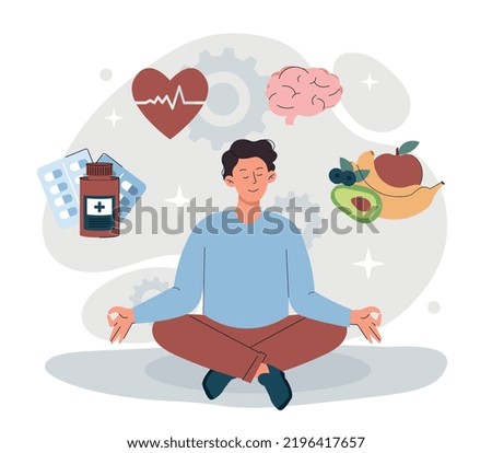 Healthy lifestyle concept. Man sits in lotus position surrounded by icons of medicines, diet. Health care, active lifestyle and sport. Poster or banner for website. Cartoon flat vector illustration Royalty-Free Stock Photo #2196417657