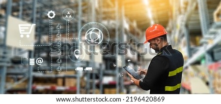 digital internet network  iot Smart logistics Warehouse management innovative software in computer  supply chain distribution  export order package shipment stock box ai computer check smart factory Royalty-Free Stock Photo #2196420869