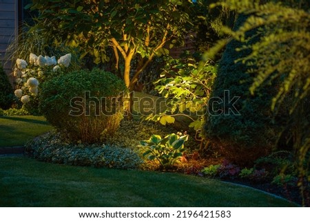 Landscaped Garden Evening Illumination Idea. Spot Lighting of Different Trees, Bushes and Shrubs at the Backyard of Living House. Royalty-Free Stock Photo #2196421583