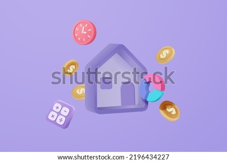 3D render vector real estate for loan with calculator and clock alert. 3d money saving to loan house, property concept of financial, house investment. 3d home finance vector icon render illustration