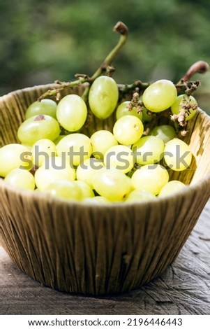 Wicker basket full of green grapes. Picnic, outdoors