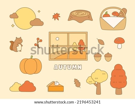 Objects representing autumn are arranged around the window. flat design style vector illustration.
