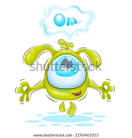 Meditating cartoon monster. Cute illustration of a meditating monster, with a cloud of thought and the word Om. Positive and unique design. Children's bright illustration.