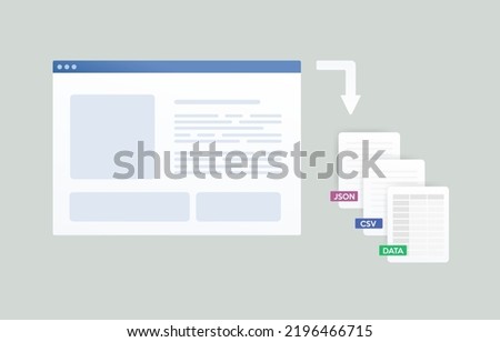 Web scraping - process of automatically searching, parsed, mining and reformatted data from website. Web data extraction software illustration concept. Information harvesting from world wide web