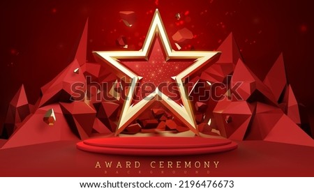 Red award ceremony background with 3d luxury gold star and product display podium elements with glitter light effect decoration and bokeh.