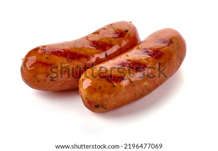 Grilled pork bangers, cooked sausages bbq, isolated on white background Royalty-Free Stock Photo #2196477069