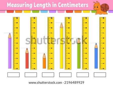 Measuring length in centimeter with ruler. Education developing worksheet. Game for kids. Color activity page. Puzzle for children. Cute character. Vector illustration. cartoon style. Royalty-Free Stock Photo #2196489929