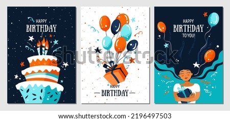 Set of postcards with a woman, gift, balloons, confetti, cake and candles. Holliday, party, vacation, happy birthday. Vector templates for card, poster, flyer, banner and other