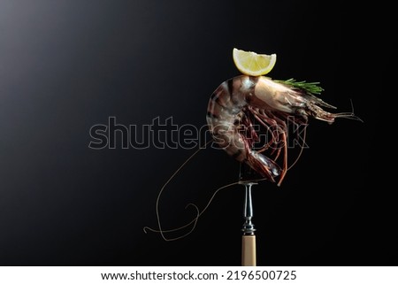 Fresh tiger prawn with rosemary and lemon slice on a black background. Copy space.