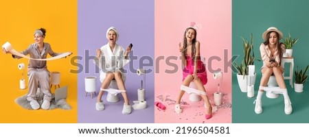 Set of young woman sitting on toilet bowl against colorful background Royalty-Free Stock Photo #2196504581