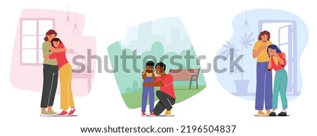 Set Parenting, Parents Support and Loving Relation. Mother or Father Hugging Crying Children, Speak and Share Problems. Mom and Dad Characters Talking with Kids. Cartoon People Vector Illustration Royalty-Free Stock Photo #2196504837