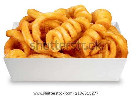 Twister Fries in paper plate isolated on white background, French fries on white With clipping path. Royalty-Free Stock Photo #2196513277