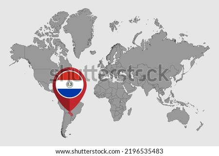Pin map with Paraguay flag on world map. Vector illustration. Royalty-Free Stock Photo #2196535483