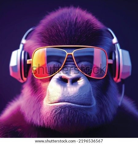 Cool young DJ Gorilla with headphones and sunglasses enjoys the music