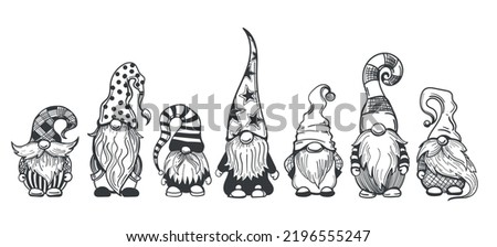 Gnome sketch. Cute garden gnomes scandinavian wizards, bearded gardener little dwarf fairies black vector illustration, coming nordic elf dwarves with beard and mustache Royalty-Free Stock Photo #2196555247