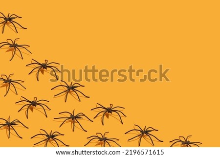 Creative Halloween pattern with spiders on orange background. Cute composition for decoration halloween cards, package paper, flyer.