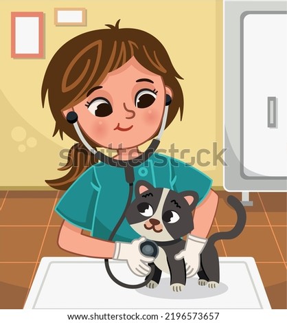 Vector illustration of veterinarian examining a cat.