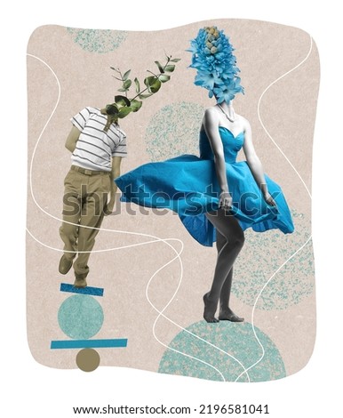 Contemporary art collage. Conceptual image with man and woman in retro clothes on a date. Flower heads. Concept of love, relationship, creativity, retro style, fashion, vintage, floral design.