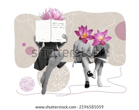 Contemporary art collage. Young stylish woman and two little girls, children reading newspaper. Concept of creativity, retro style, fashion, vintage, floral design, family, education