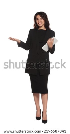 Full length portrait of hostess in uniform with tablet on white background