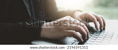 Woman hands typing on computer keyboard closeup, businesswoman or student using laptop panoramic banner, online learning, internet marketing and freelance work concept