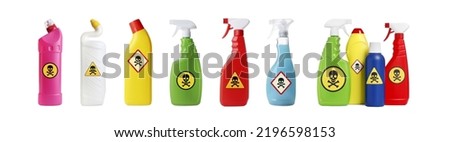 Set with different toxic household chemicals with warning signs on white background. Banner design