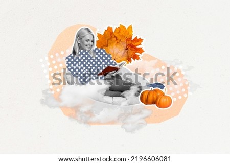 3d abstract creative artwork template collage of lovely attractive woman enjoy book weekend autumn leaves sit soft comfy indoors pumpkins