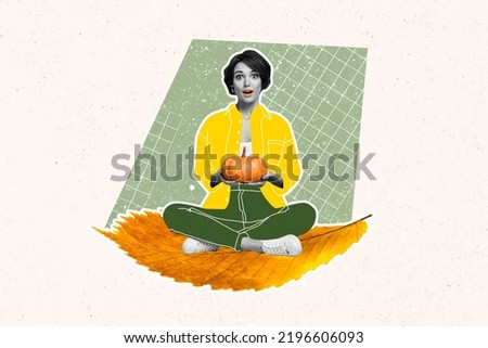 Composite collage image of charming young woman impressed sitting crossed legs big autumn golden orange leaf hold small ripe pumpkin