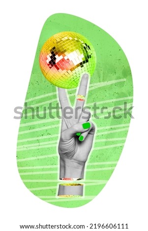 3d retro abstract creative artwork template collage of big woman hand showing v-sign hello symbol disco ball party entertainment concept