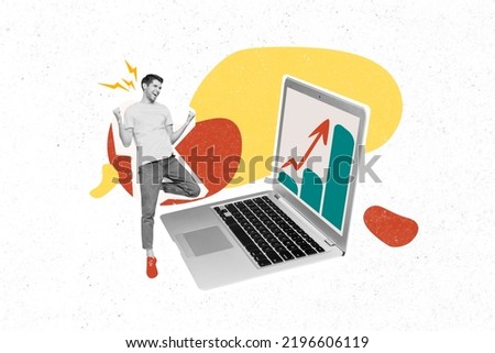 Creative trend collage of excited businessman winner finance accountant analytic increase profit income raise fists celebrate big laptop Royalty-Free Stock Photo #2196606119