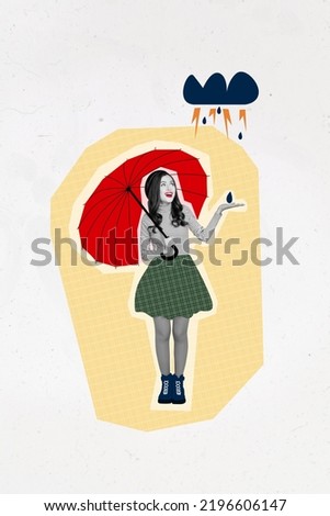Collage artwork graphics picture of happy smiling lady walking enjoying rainy weather isolated painting background