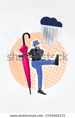 Collage artwork graphics picture of happy smiling guy dancing enjoying rainy weather isolated painting background