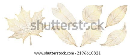 Set of luxury foliage vector element. Collection of botanical with tropical leaves, maple, autumn plant, spring in gold hand drawn pattern. Elegant oriental flowers for decorative, prints, logo. Royalty-Free Stock Photo #2196610821